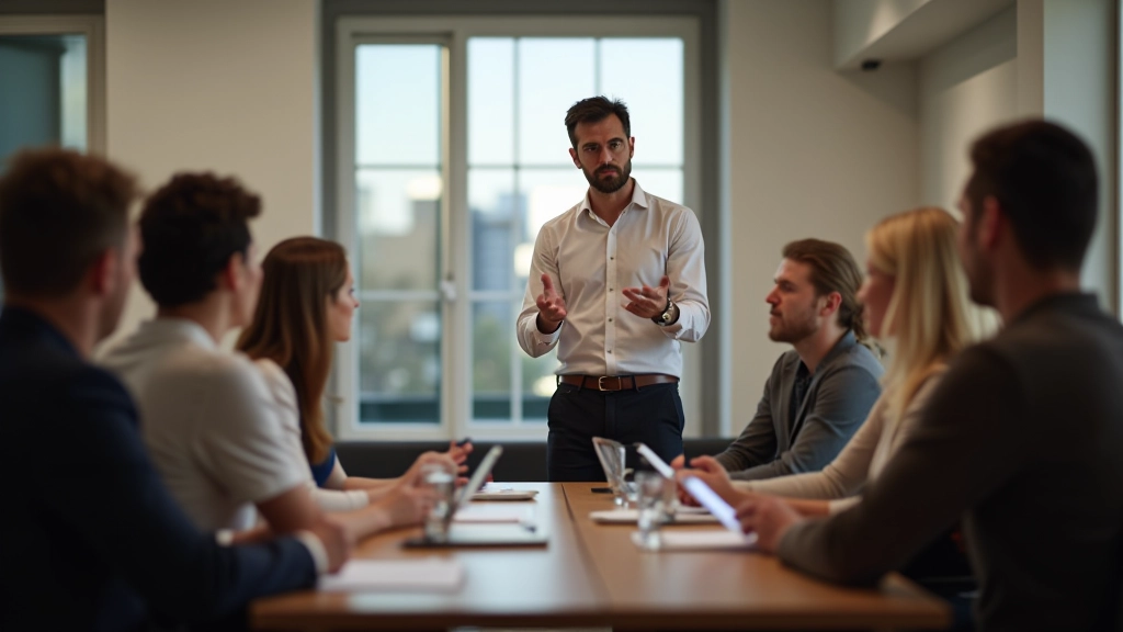 Sessão de desenvolvimento profissional com treinador e participantes em ambiente corporativo moderno