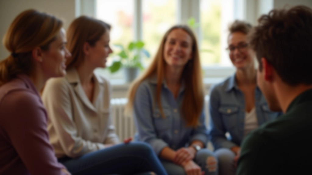 Grupo de pessoas em círculo conversando e partilhando experiências num ambiente acolhedor