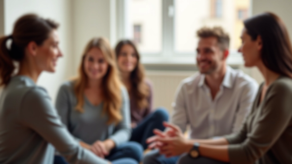 Grupo diverso de adultos em sessão de bem-estar, sentados em círculo, expressões concentradas e focadas