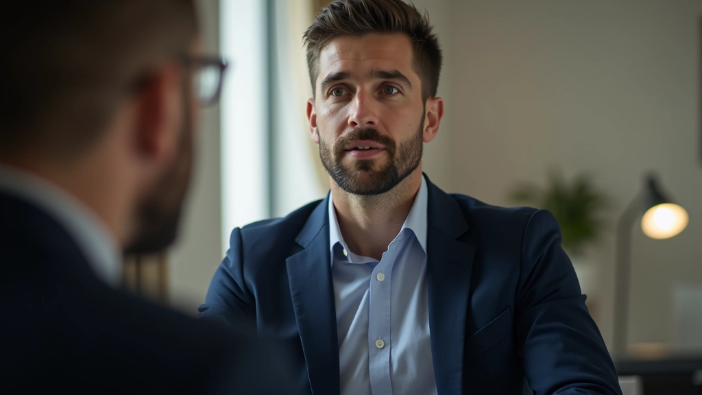 Homem numa conversa autêntica com colega num escritório moderno, demonstrando conexão genuína