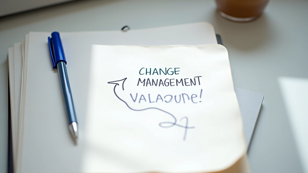 Caderno aberto numa secretária com anotações sobre gestão de mudanças e caneta azul