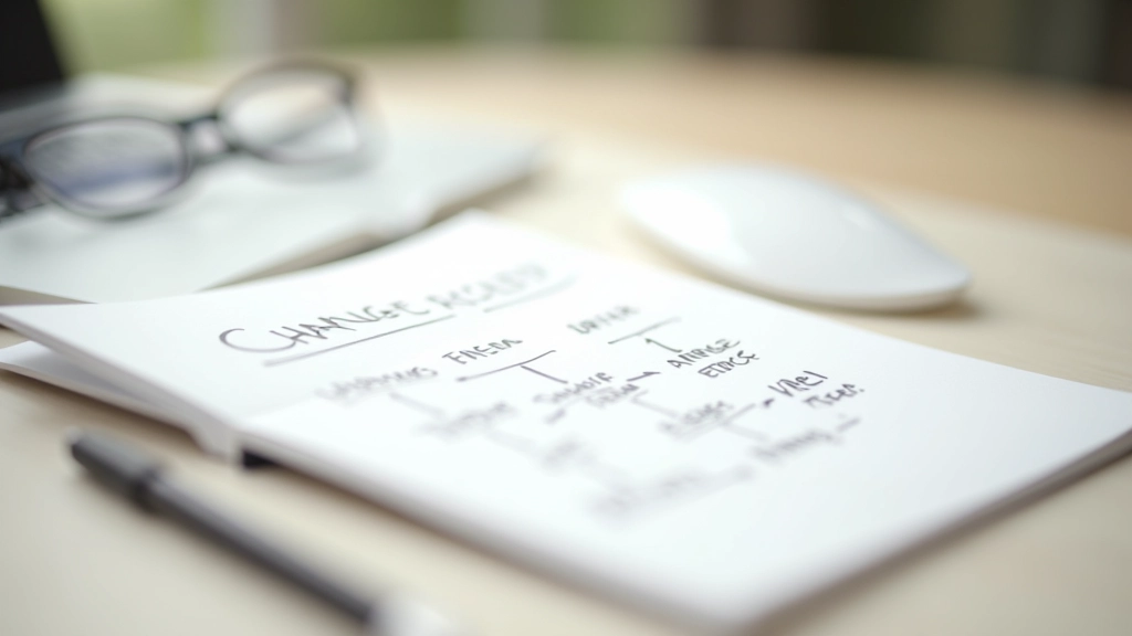 Caderno com diagrama mostrando fases de aceitação da mudança em sequência visual clara