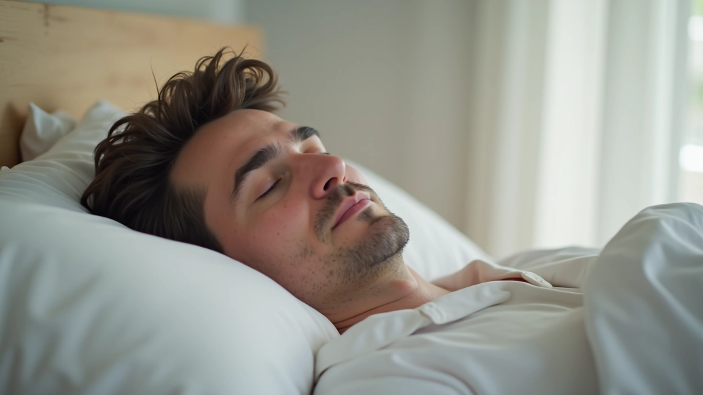 Pessoa a dormir tranquilamente, ambiente de quarto calmo e bem organizado, luz suave