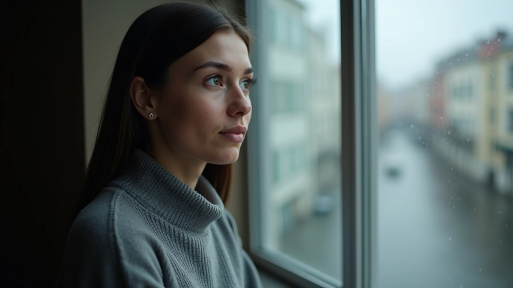 Pessoa a olhar pela janela durante a chuva, pensativa, refletindo sobre mudanças