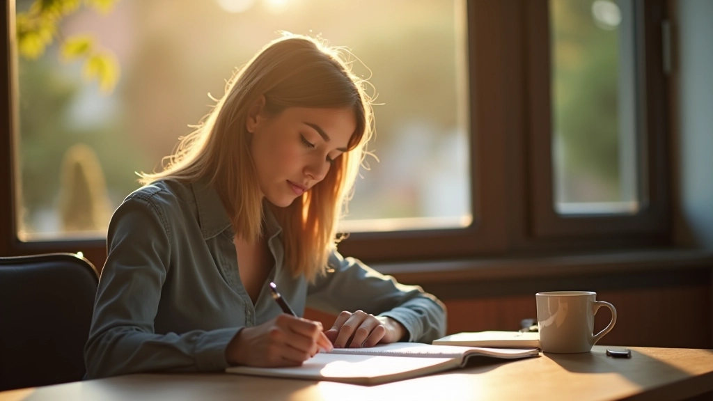 Pessoa a escrever objetivos num diário, iluminada por luz da manhã, ambiente inspirador