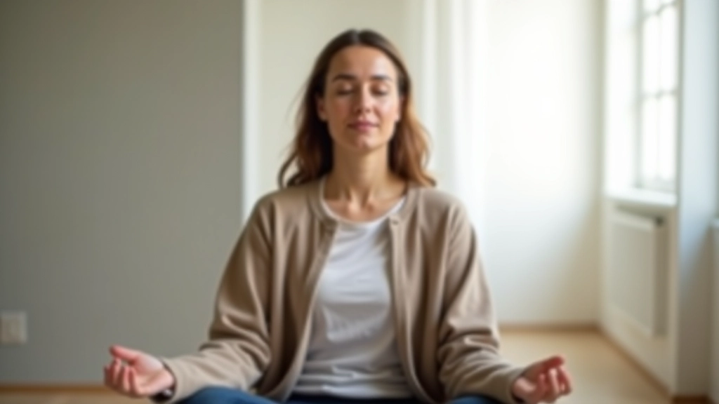 Pessoa meditando em espaço calmo, luz natural suave, expressão serena e centrada