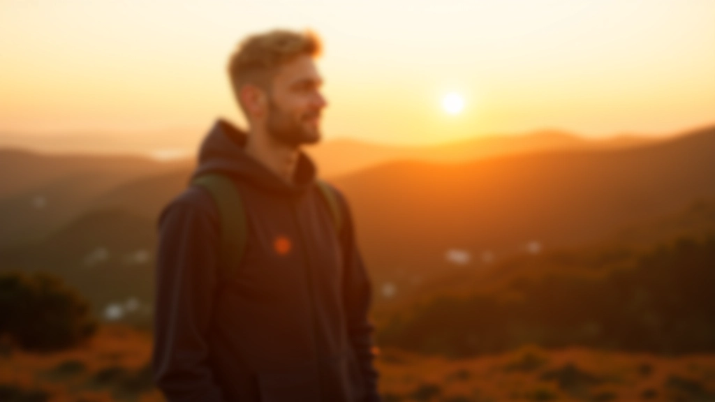 Pessoa ao amanhecer em pico de montanha, representando superação, força mental e visão clara para o futuro