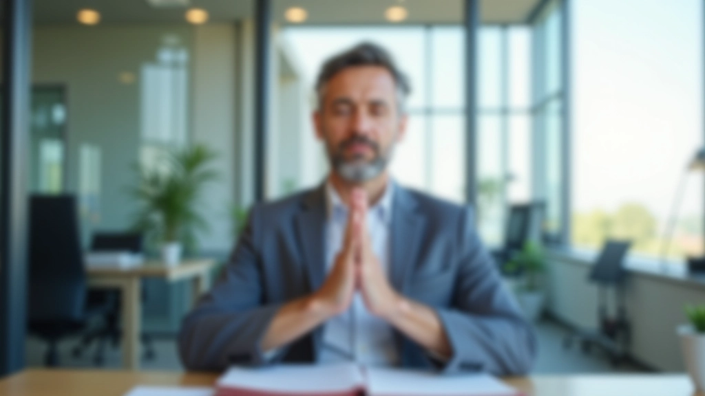 Pessoa em ambiente corporativo a fazer exercício de respiração, postura relaxada e focada