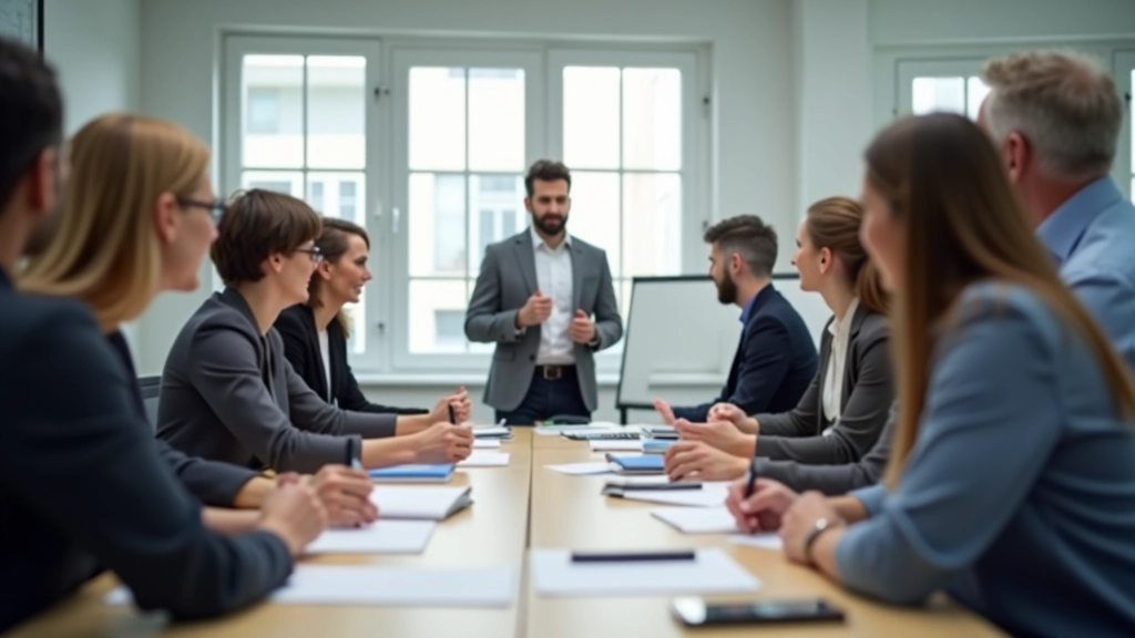 Equipa de formadores profissionais em ambiente de formação moderno e colaborativo