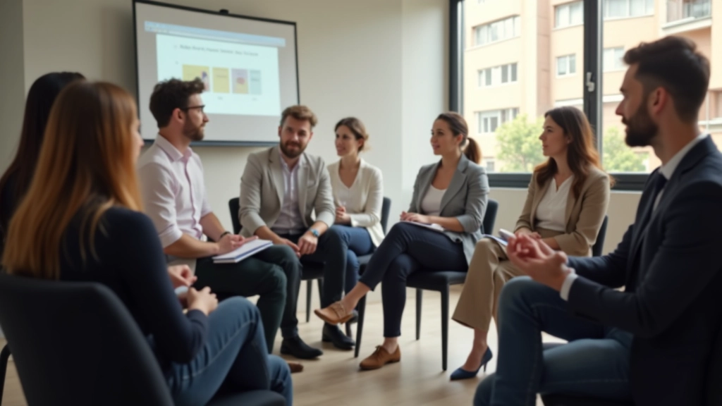 Ambiente de workshop de treinamento com participantes em discussão colaborativa