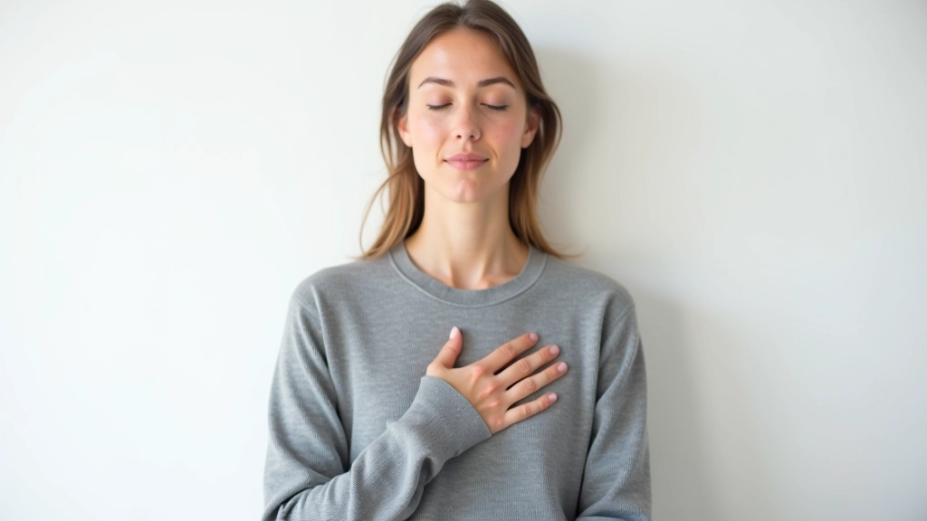 Mulher em meditação consciente, com mão no coração, expressão de calma e introspecção