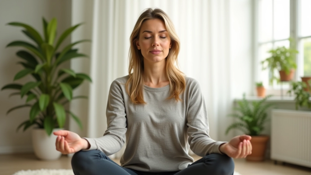Mulher a meditar numa sala calma com luz natural, postura confiante e centrada