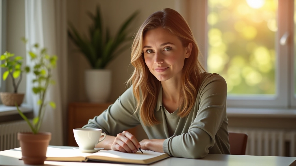 Pessoa a escrever num diário durante o café da manhã, luz natural pela janela, ambiente calmo