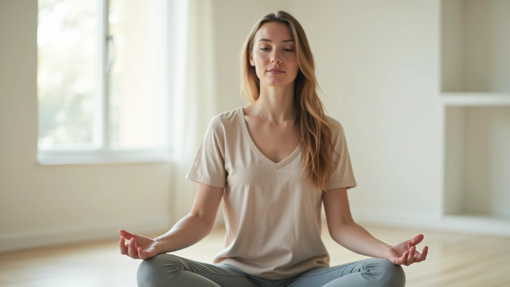 Mulher em ambiente tranquilo durante sessão de meditação focada, demonstrando calma e concentração mental