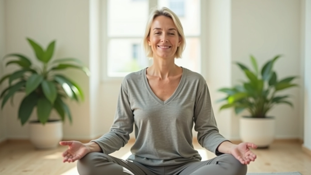 Mulher a meditar com os olhos fechados numa sala clara e tranquila
